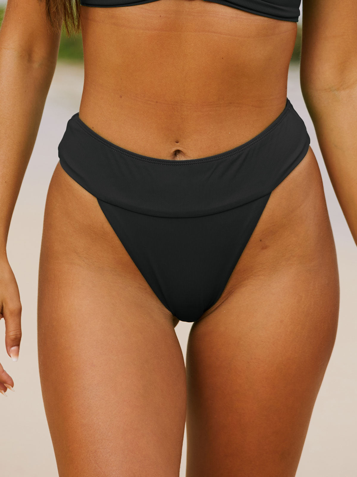 Black Ribbed High Cut Wide Waistband Bikini Bottom & Reviews
