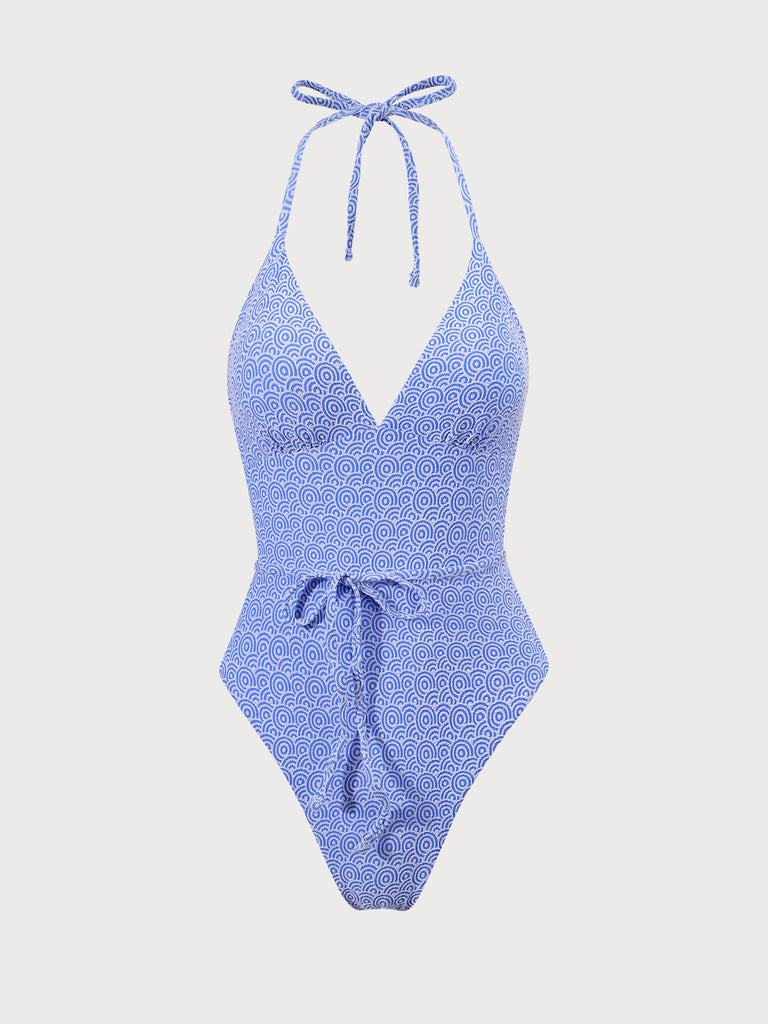 Blue Jacquard Halter One-Piece Swimsuit Sustainable One-Pieces - BERLOOK