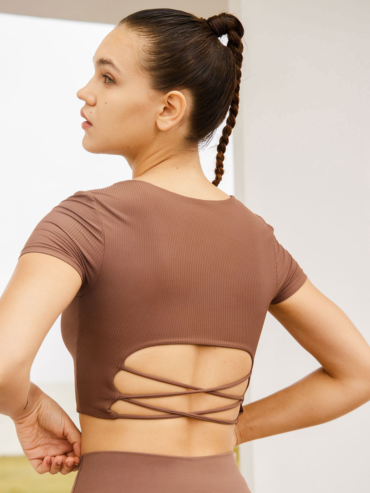 Cross Back Short Sleeve Top & Reviews - Brown - Sustainable Yoga Tops