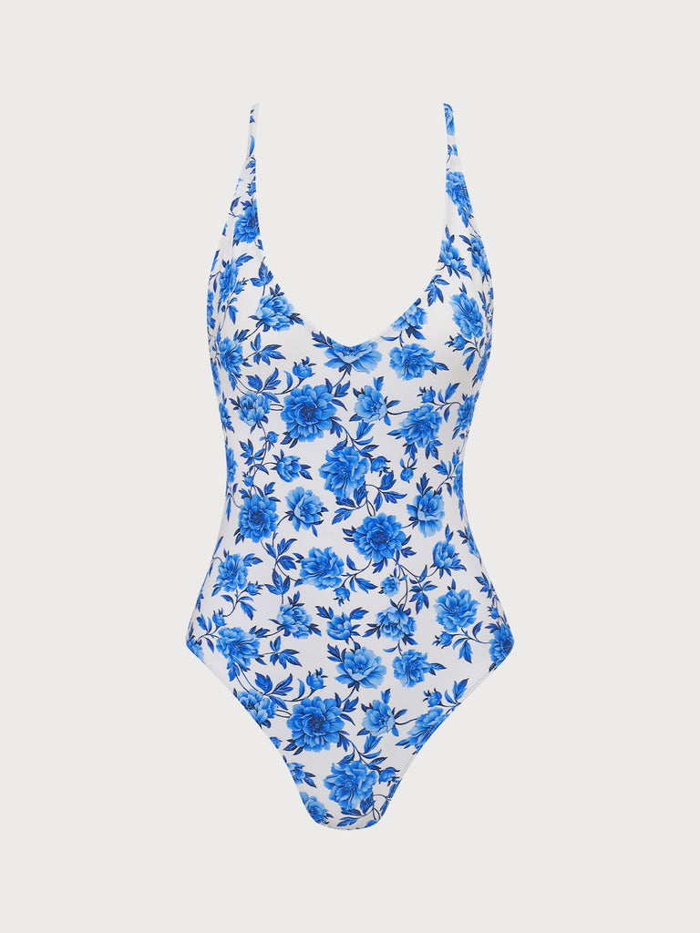 Floral Criss-Cross One-Piece Swimsuit Blue Sustainable One-Pieces - BERLOOK