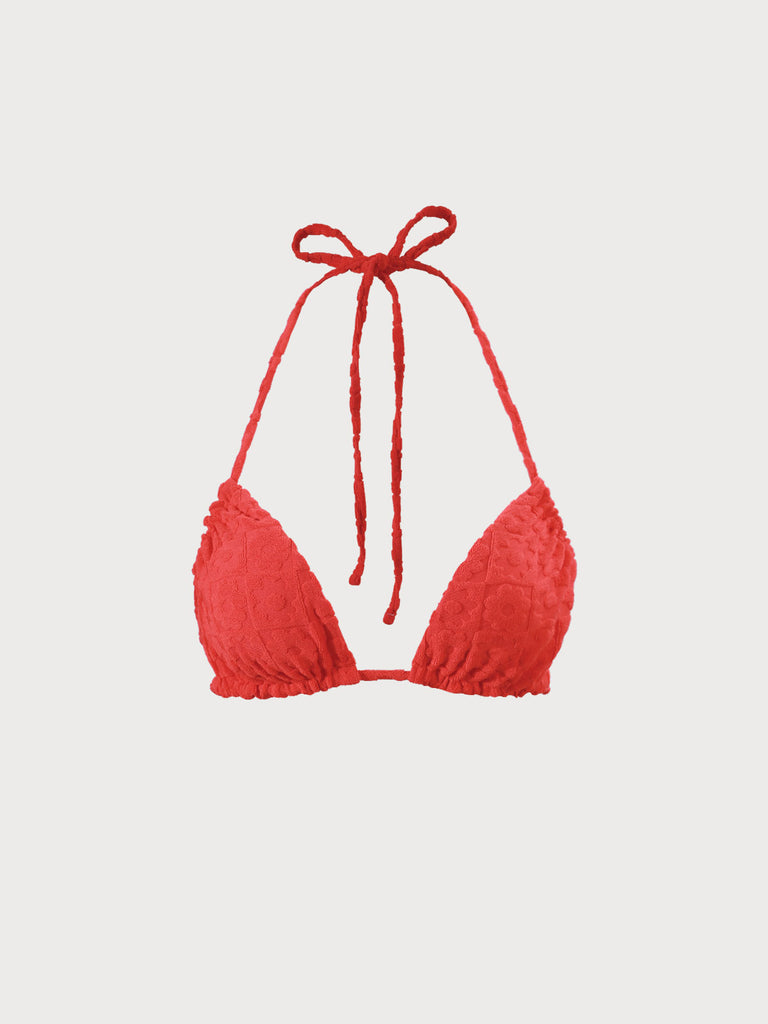 Red Floral Jacquar Triangle Bikini Top Sustainable Bikinis - BERLOOK