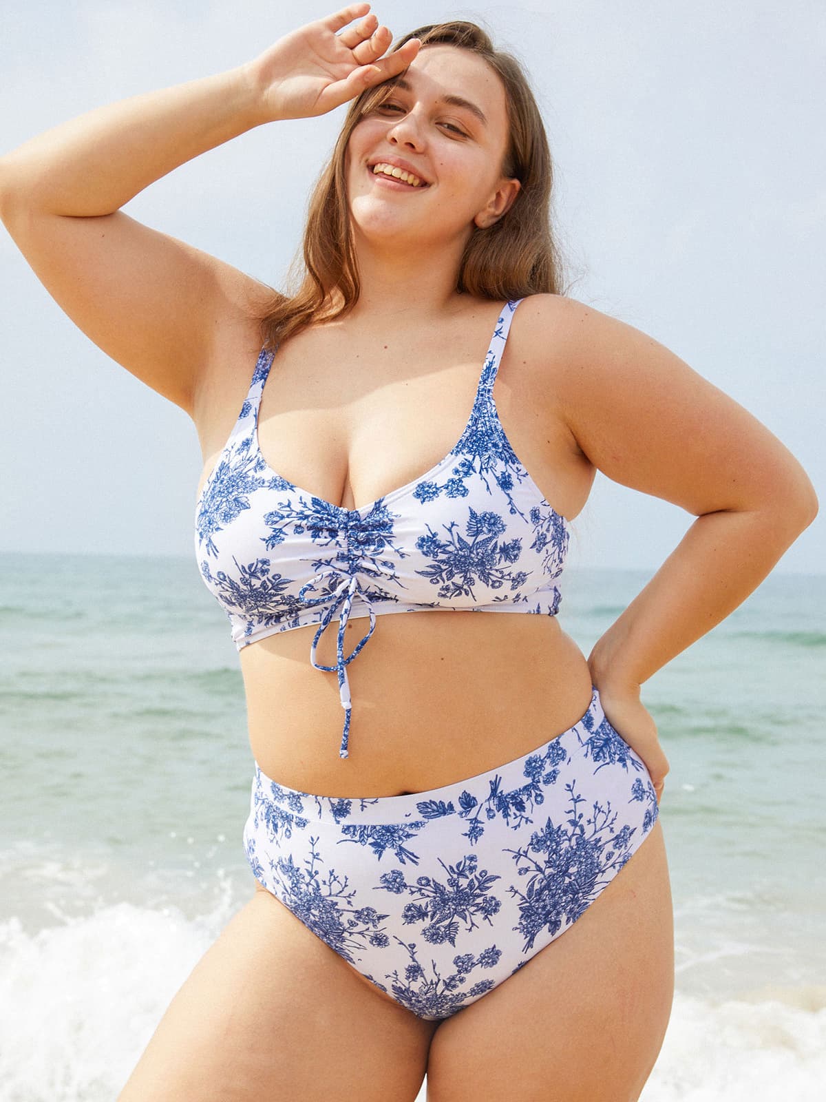 Ruched Floral Plus Size Bikini Top & Reviews - Blue - Sustainable