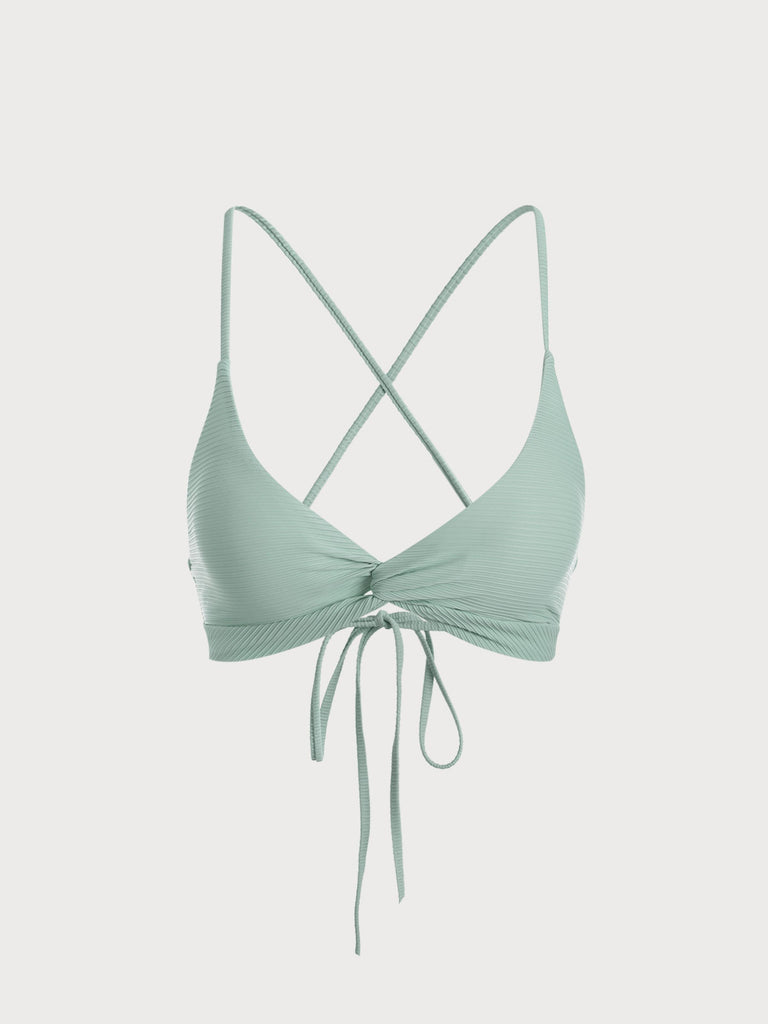 The Cyan Ribbed Twist Backless Bikini Top Cyan Sustainable Bikinis - BERLOOK