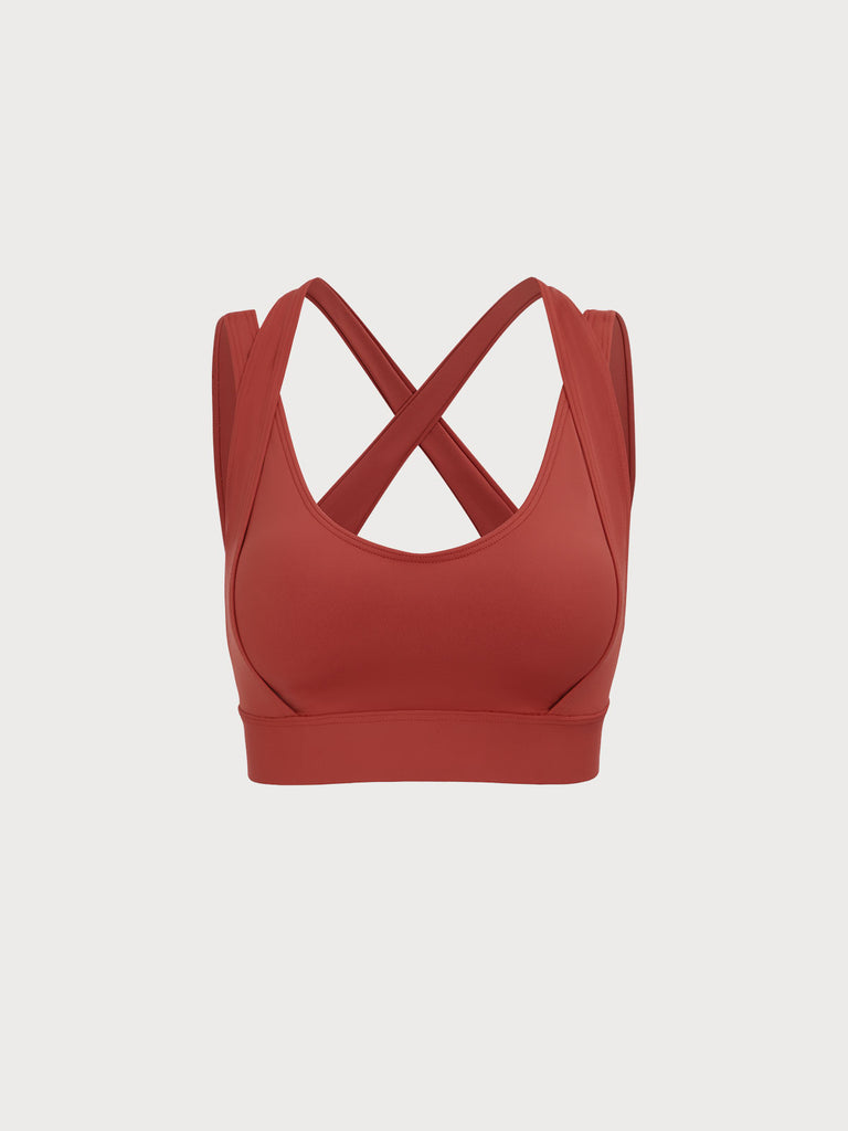 Women Knitted Nylon Yoga Sports Bra Brick Red Sustainable Yoga Tops - BERLOOK