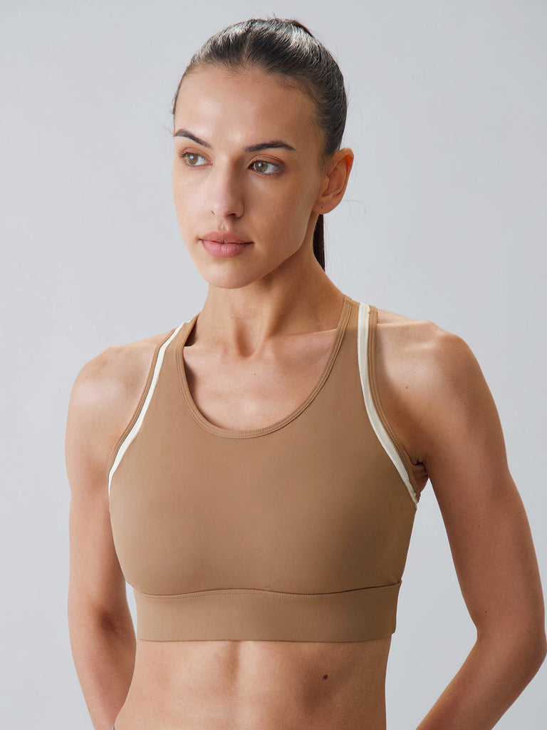 Women Knitted Nylon Yoga Sports Bras Camel Sustainable Yoga Tops - BERLOOK