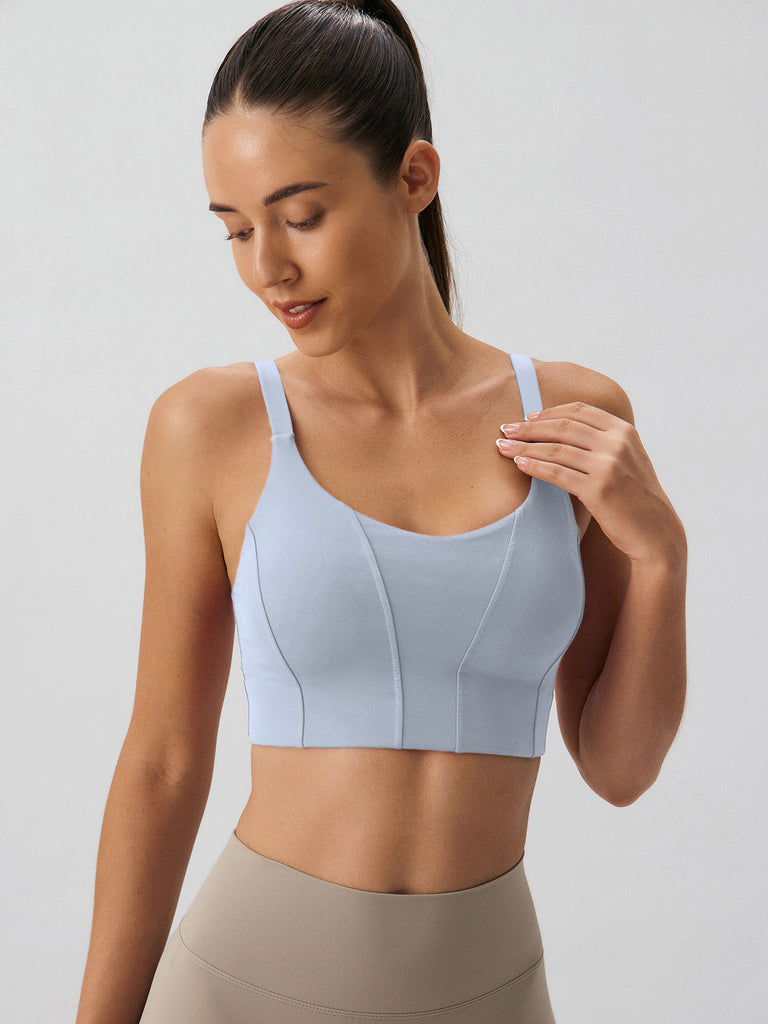 Women Knitted Nylon Yoga Sports Bras Light Blue Sustainable Yoga Tops - BERLOOK