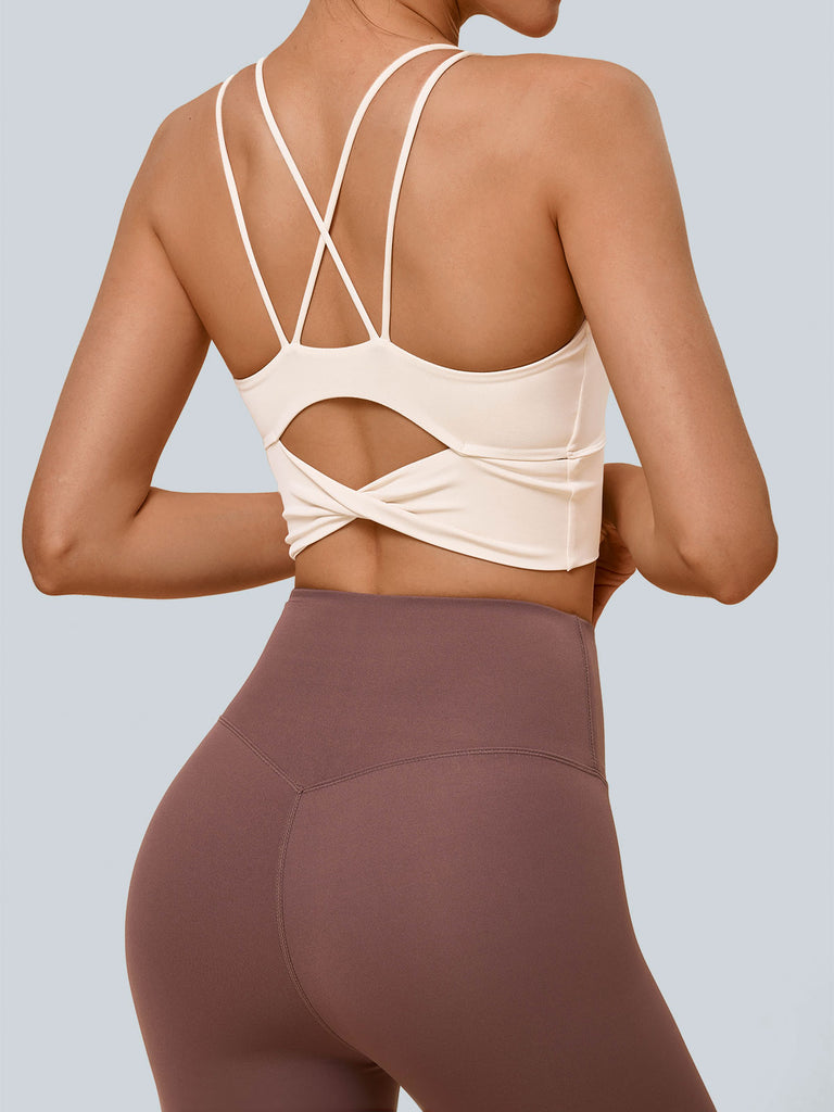 Women Knitted Nylon Yoga Sports Bras Off White Sustainable Yoga Tops - BERLOOK