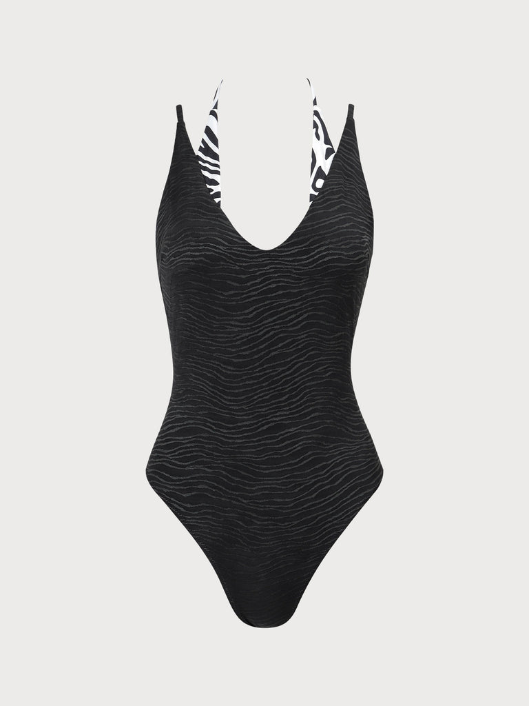 Women'S Knitted Contrast Zebra Print Swimsuit Sustainable One-Pieces - BERLOOK